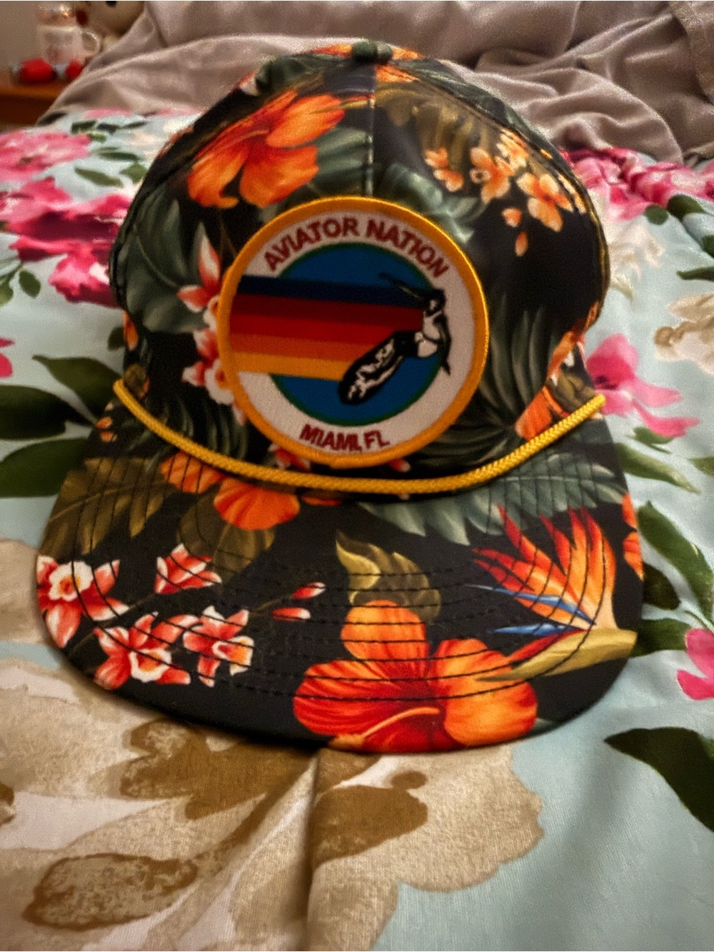 Aviator Nation Black Floral Snapback Hat with Orange & Yellow Accents